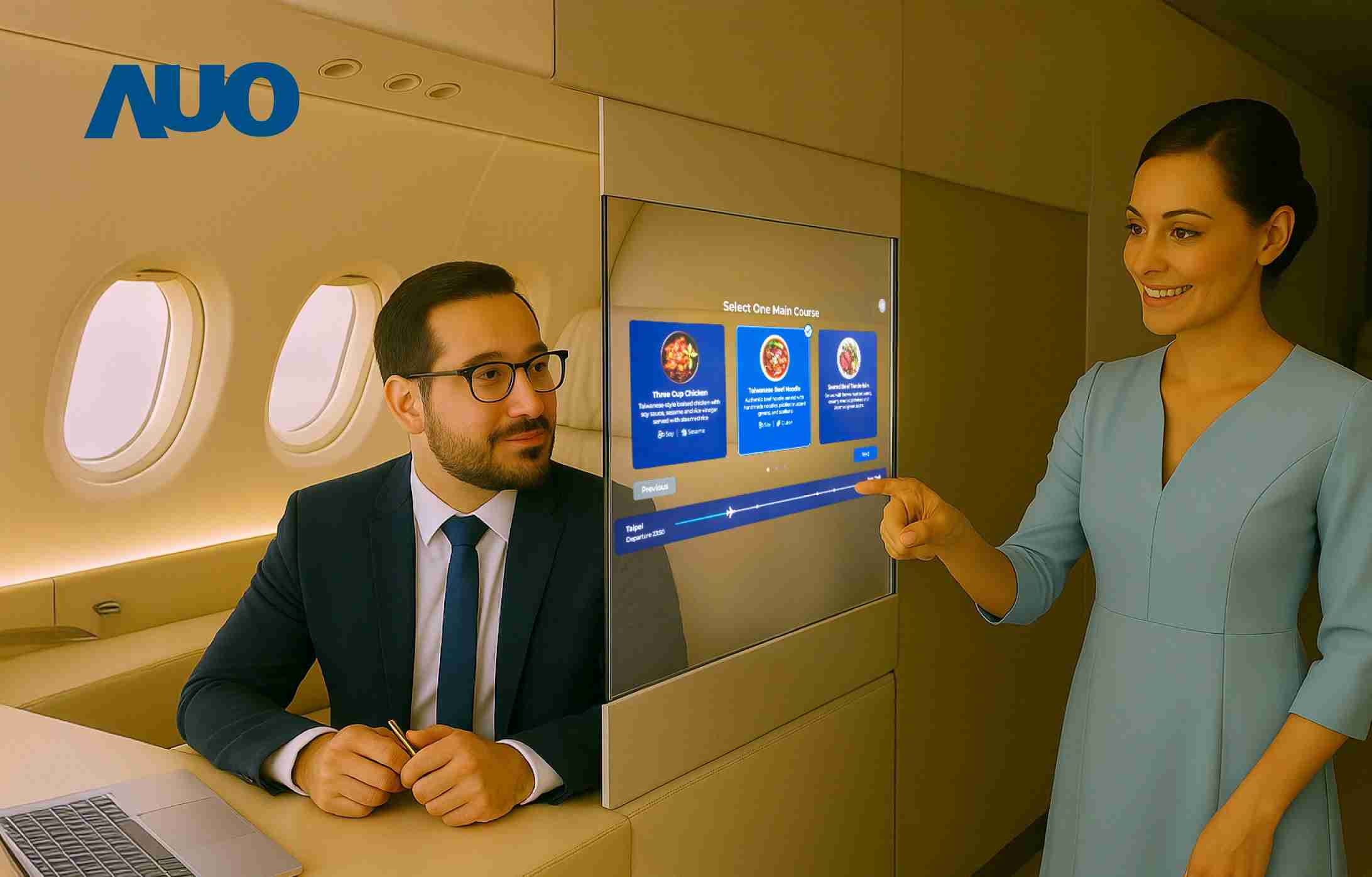 糖果派对研发全球最薄17.3 吋双面透明 Micro LED 显示器，，可在同一屏幕之双边投射不同信息，，，，创造独特的”透明化”互动；图为实时翻译交流应用情境